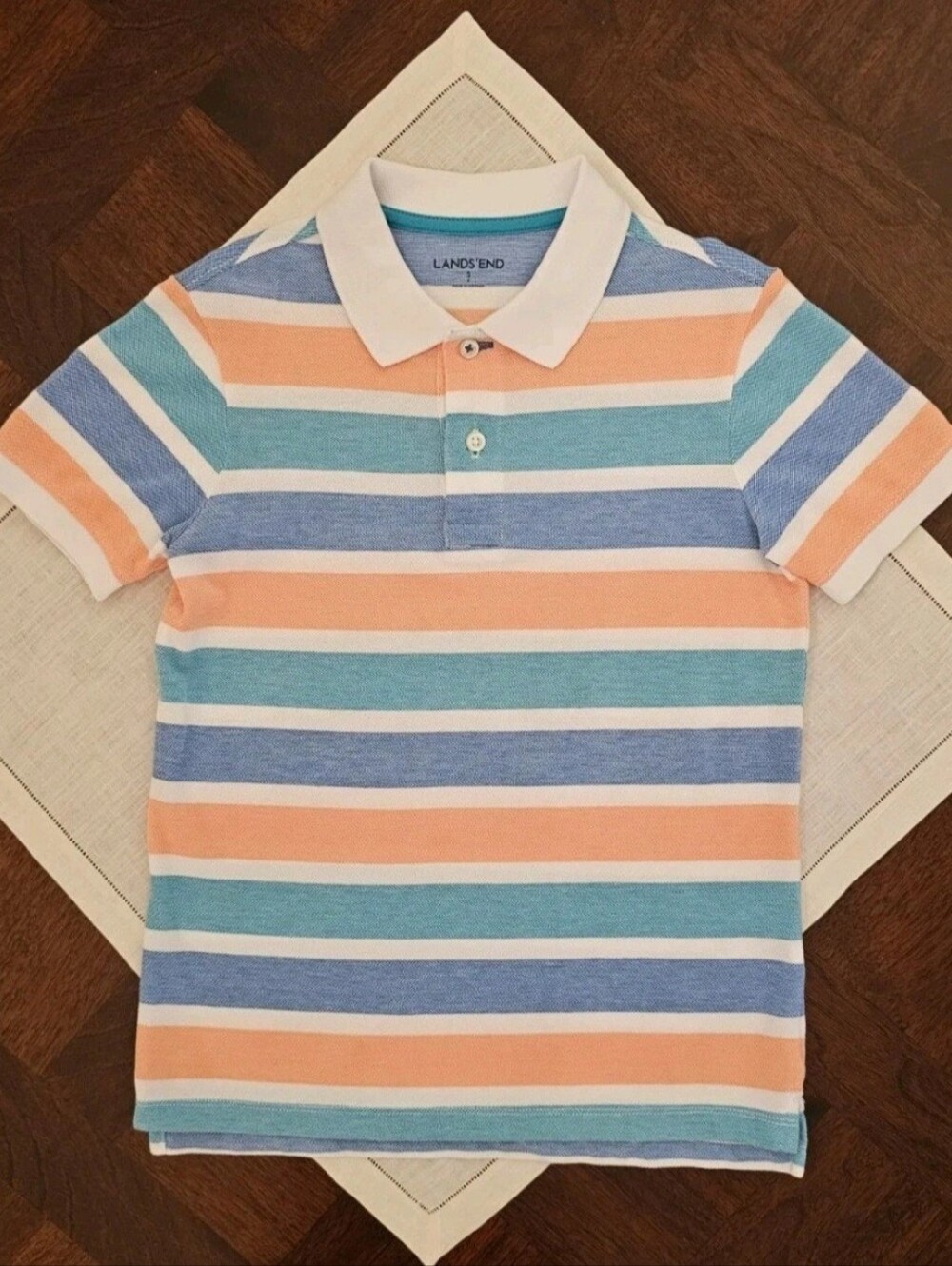 Lands' End Boys' Striped Polo Shirt in Coral, Aqua & Blue Sz 8